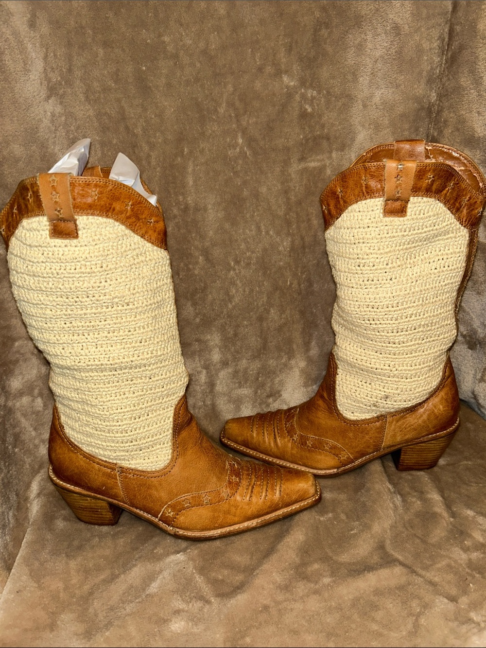 AWOL Tan Leather Cream Crochet Snip Toe Boho Western Coastal Cowgirl Boots 8.5 - Picture 8 of 16